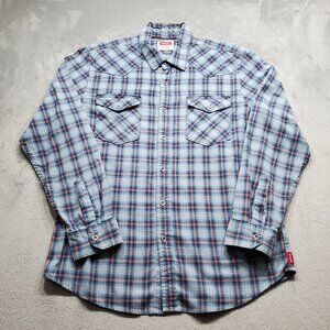 Wrangler Long Sleeve Button Up Plaid Shirt Metal Buttons Blue Rust Red Men Sz L